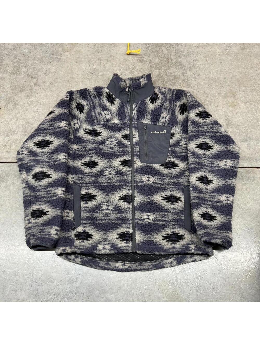 vintage avalanche deep pile grey and black zip up fleece jacket size small